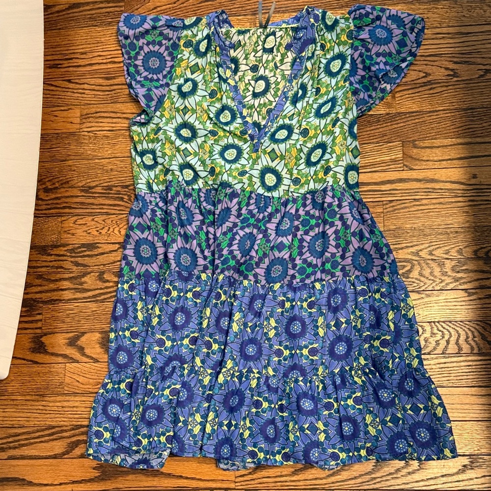 Anthropologie Blue & Green Floral Tiered Mini Dress